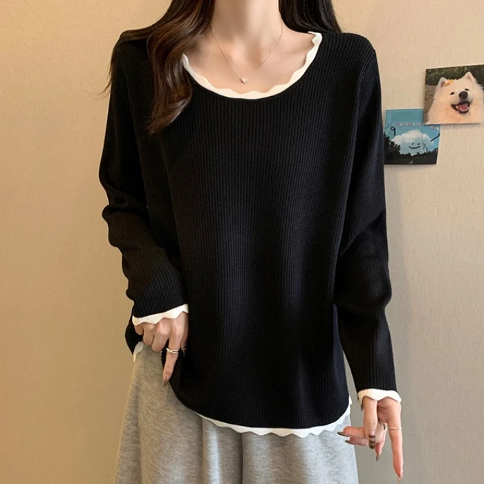 大码遮肚子撞色针织打底衫女春秋新款胖妹妹宽松显瘦百搭长袖上衣