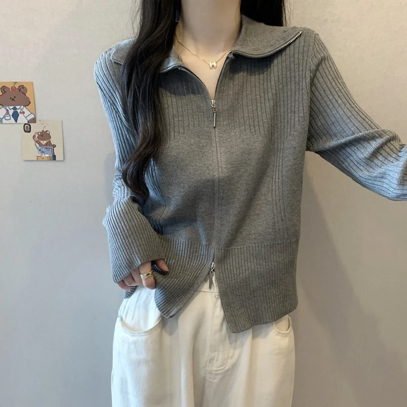 大码双拉链长袖针织开衫女春秋微胖MM宽松显瘦百搭洋气毛上衣外套