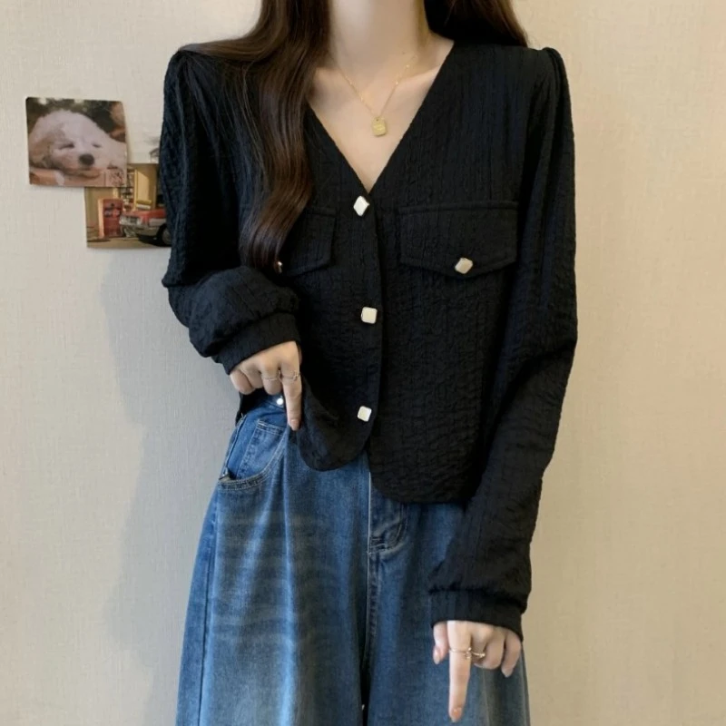 大码小香风V领长袖衬衫女春秋新款胖MM宽松显瘦百搭洋气短款上衣