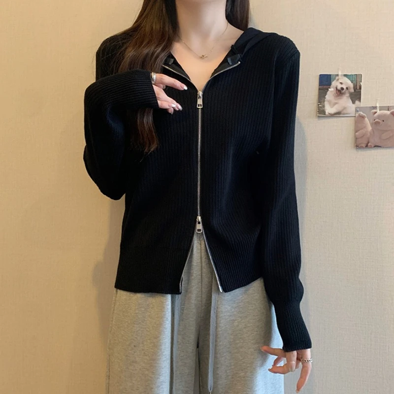 大码拉链连帽长袖针织开衫上衣女春秋新款胖MM遮肚子显瘦毛衣外套