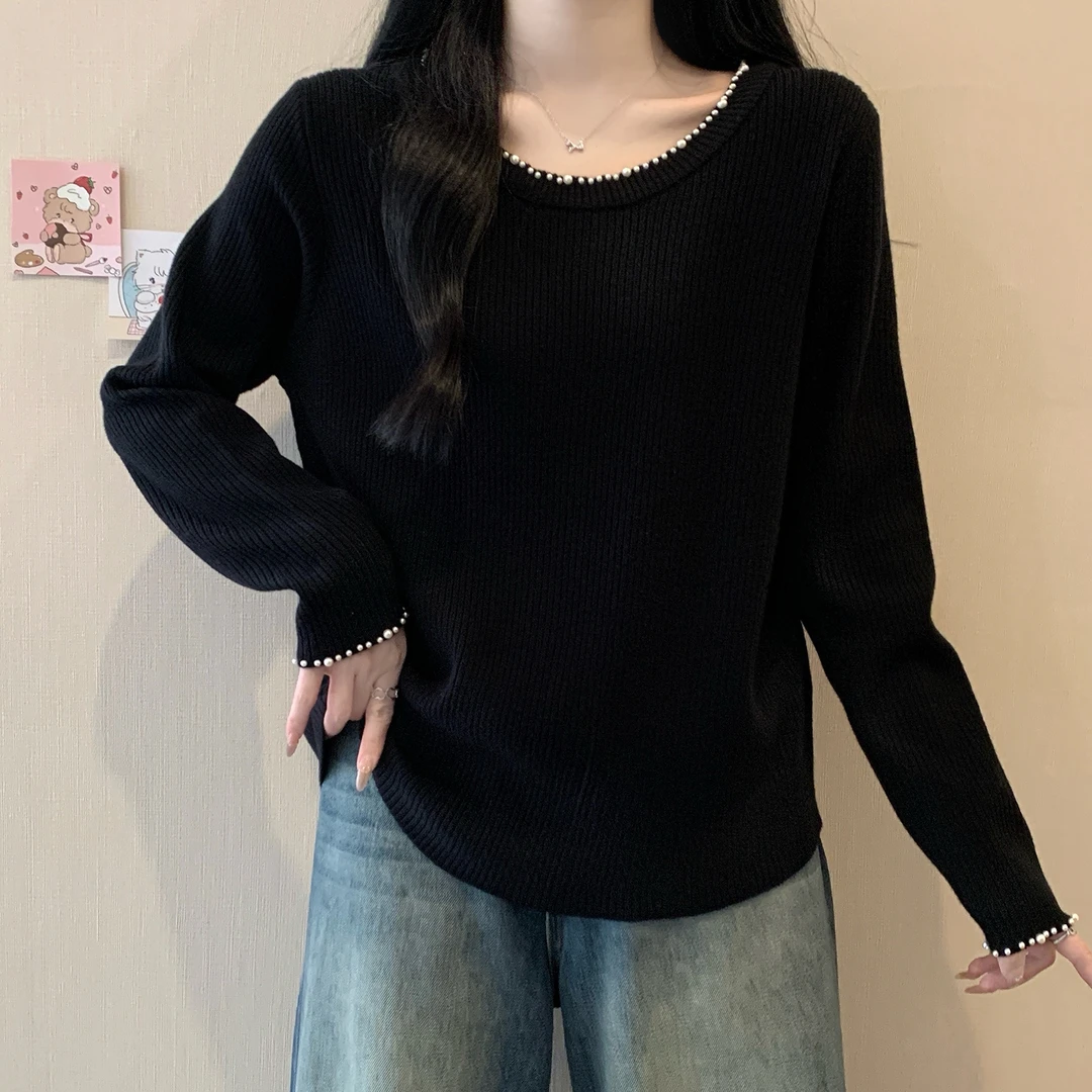 大码钉珠圆领长袖针织打底衫女春秋新款胖MM宽松显瘦百搭洋气毛衣