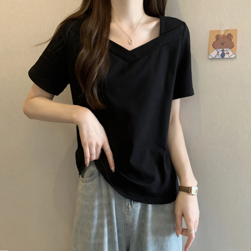 大码遮肚子方领短袖t恤女夏季胖MM纯色宽松显瘦百搭纯棉正肩上衣