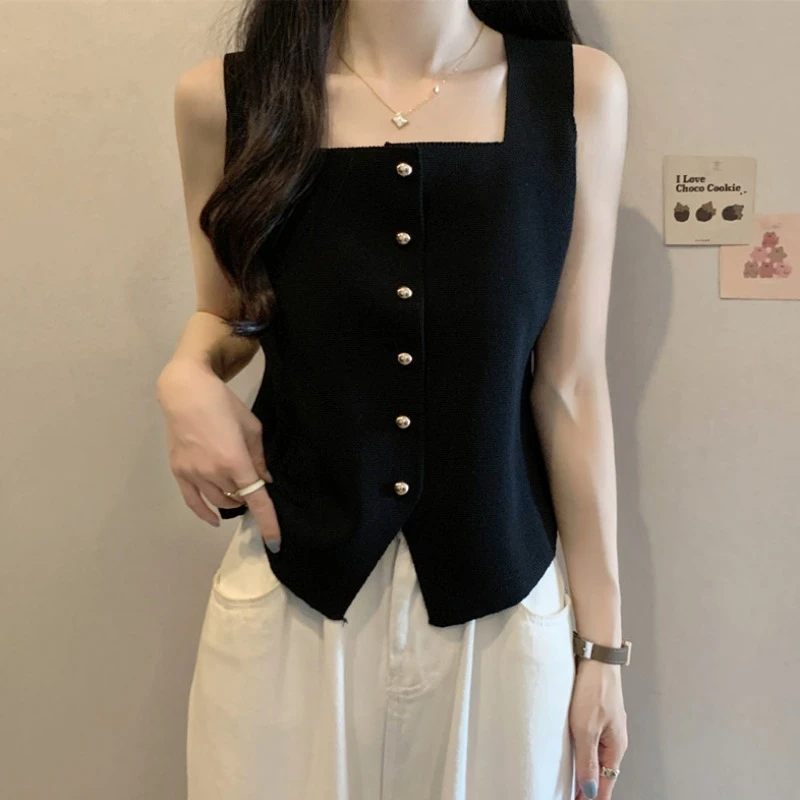 大码方领针织衫吊带背心女夏季薄款胖MM宽松显瘦百搭外穿无袖上衣