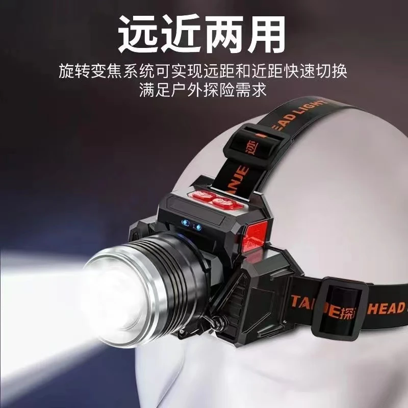 头戴式强光头灯大锂电挥手感应头灯可调变焦可充手机