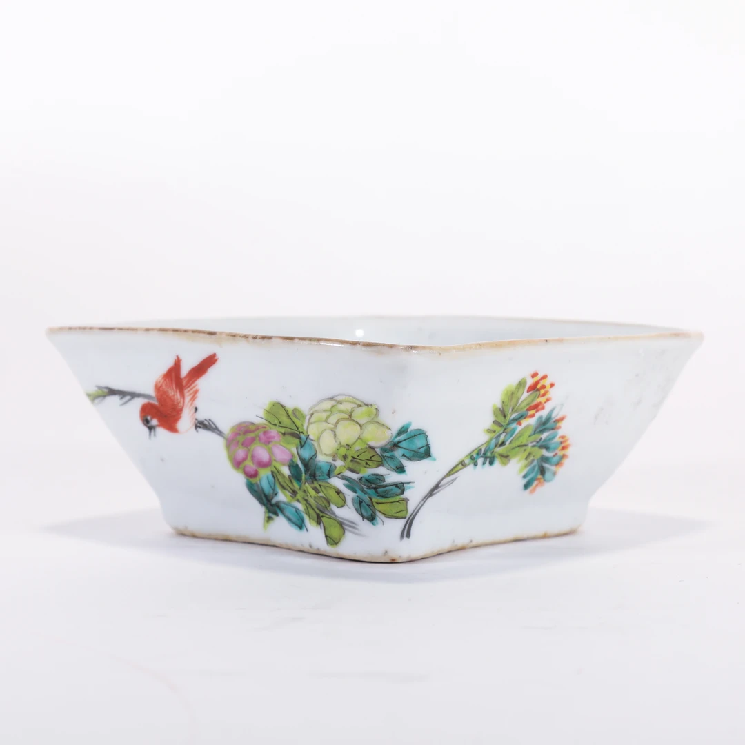 (AB3)Q0219360 清晚期 粉彩花鸟纹四方碗 古陶瓷