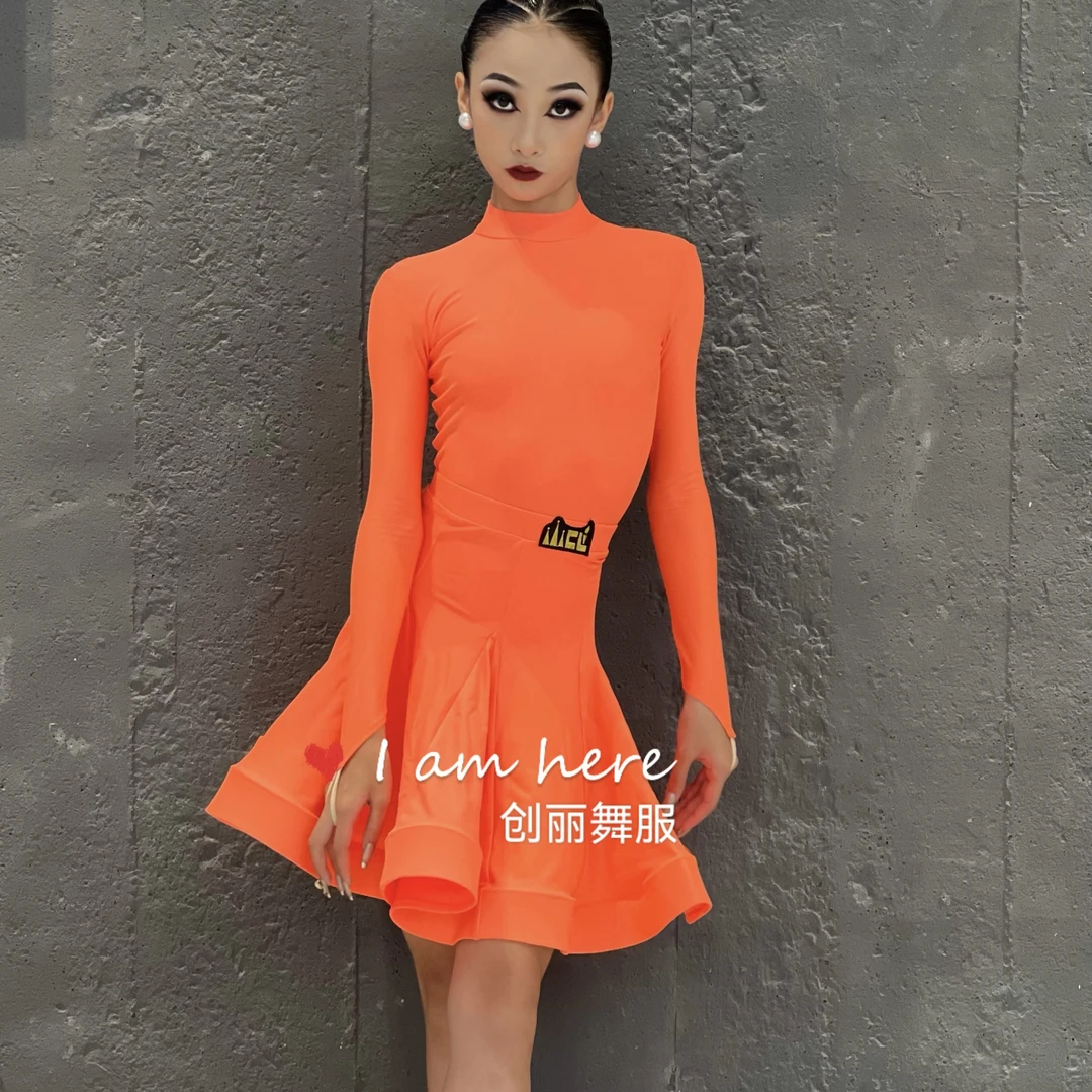 创丽舞服雅馨同款2024新款拉丁舞天蓝高领规定服比赛服