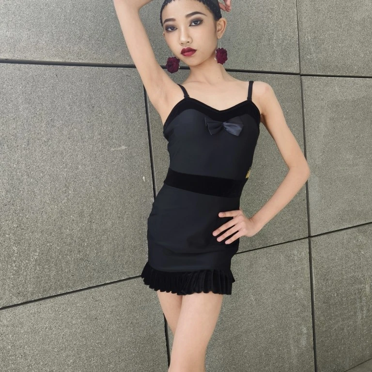 创丽舞服琪琪同款黑色蝴蝶结拉丁连衣裙
