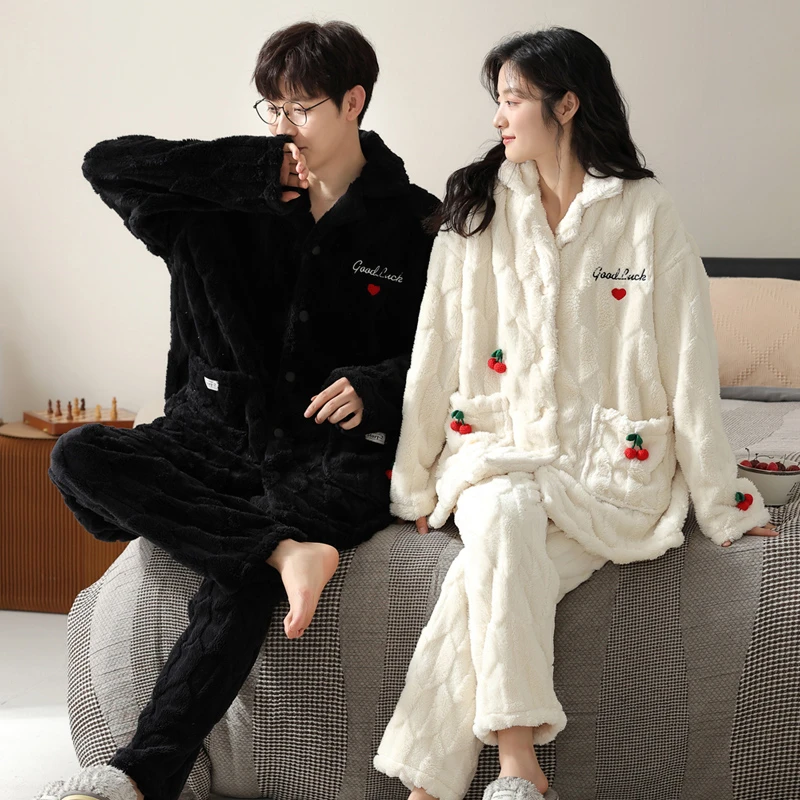 情侣睡衣秋冬季珊瑚绒加绒加厚冬季2024年新款女士家居服冬天男士