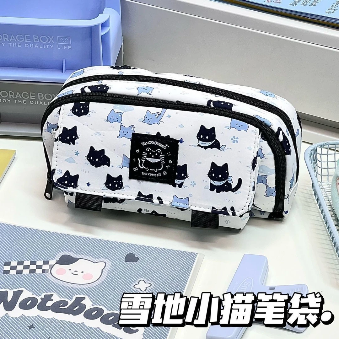 可爱雪地小猫笔袋小清新高颜值ins大容量笔袋多层学生文具盒收纳