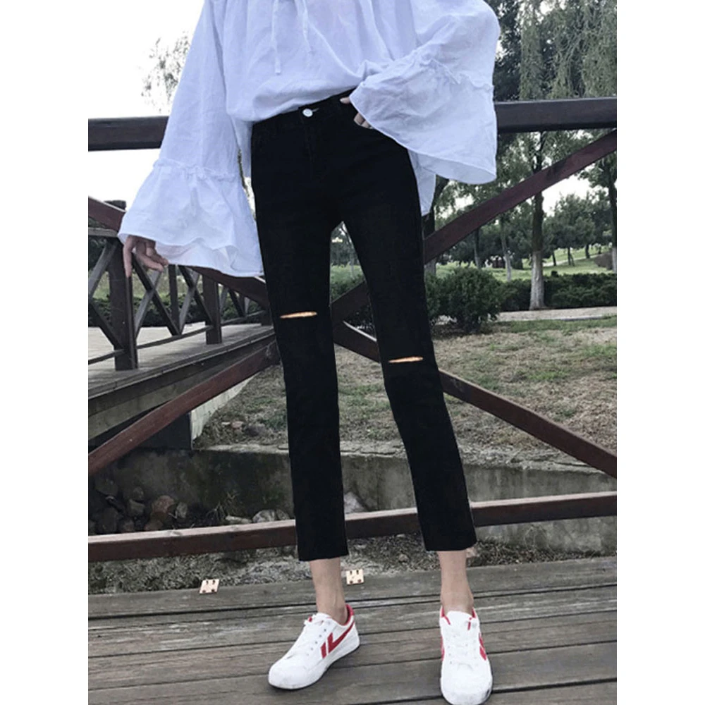 弹力显瘦烟管裤八分小个子破洞小黑裤春夏薄款九分直筒外穿打底裤