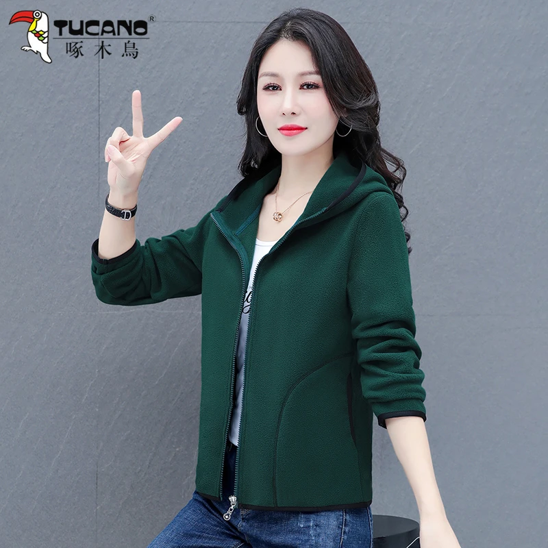 【官方】啄木鳥时尚摇粒绒外套女士2025年春秋新款韩版连帽纯色开衫
