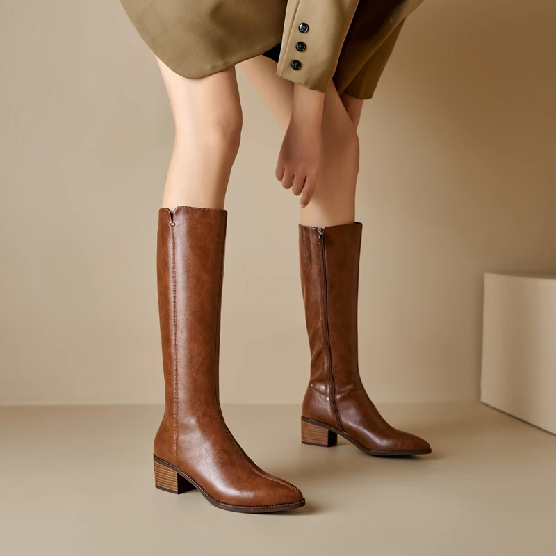 Koee【5cm】新款真皮粗跟中跟尖头长筒靴大筒骑士靴加绒秋冬长靴女