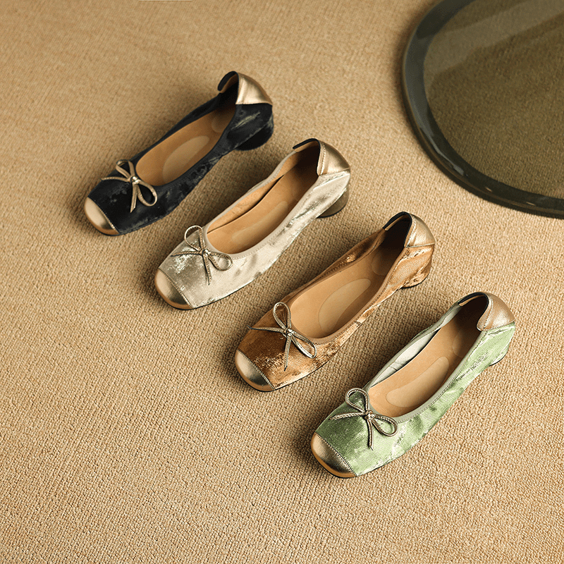 Koee【4cm】国风绸感牛皮拼色圆头复古浅口软皮软底中跟真皮单鞋女