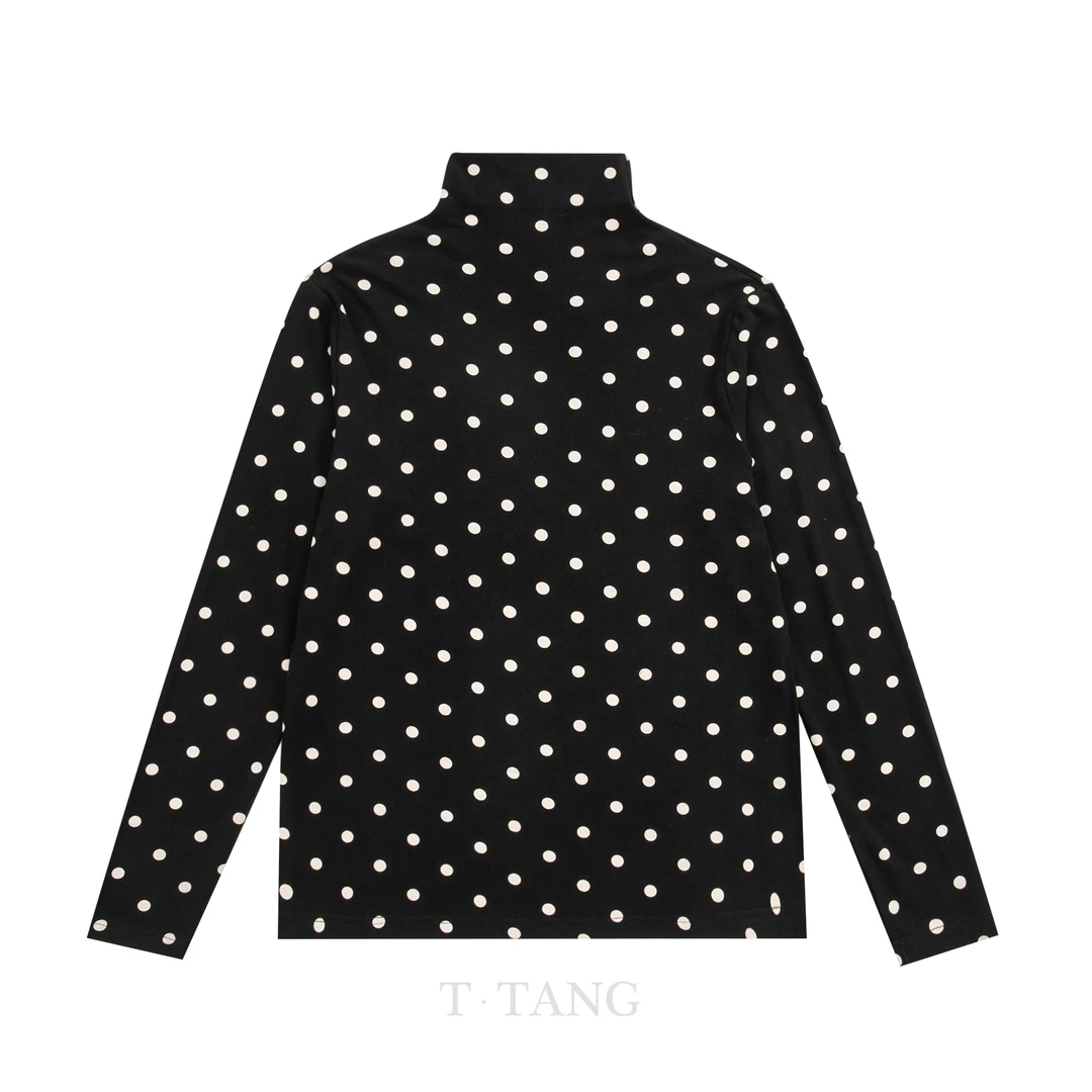 秋季印花波点时尚修身显瘦半高领气质260g螺纹棉长袖T恤【3079】