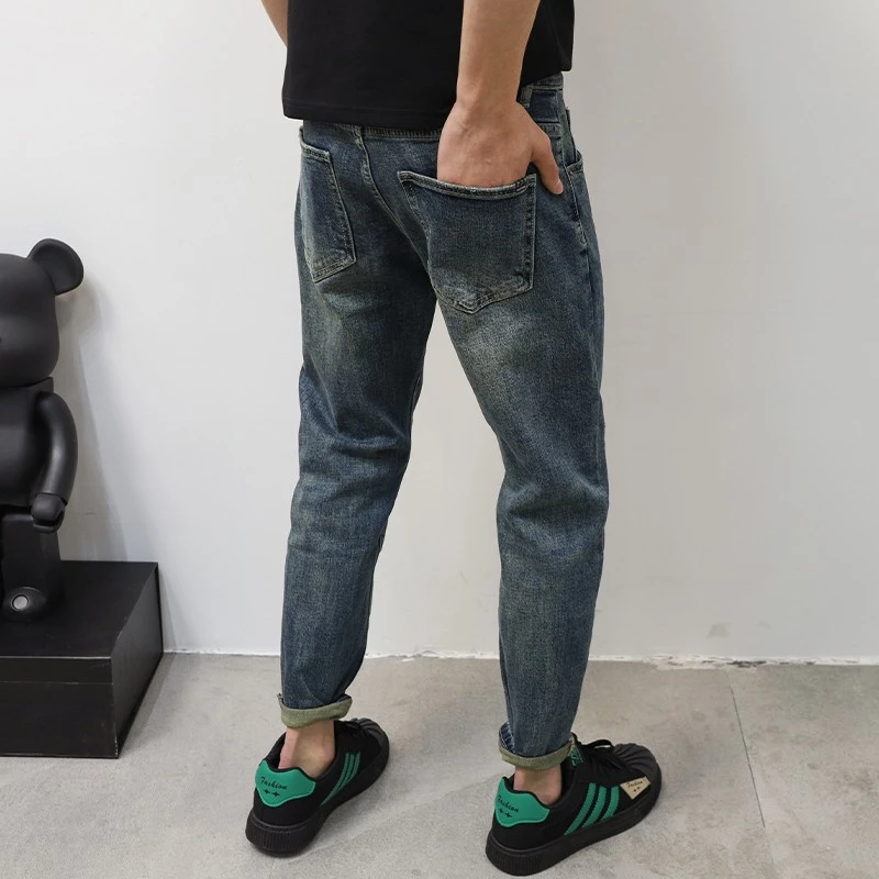 美式潮牌牛仔裤男修身小脚裤2025秋冬爆款韩版痞帅水洗蓝色九分裤