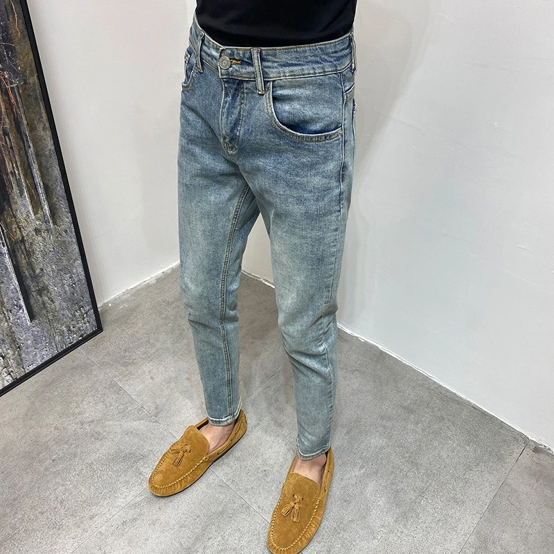 蓝色个性潮流痞帅修身小脚裤男牛仔裤秋季韩版潮牌时尚爆款九分裤