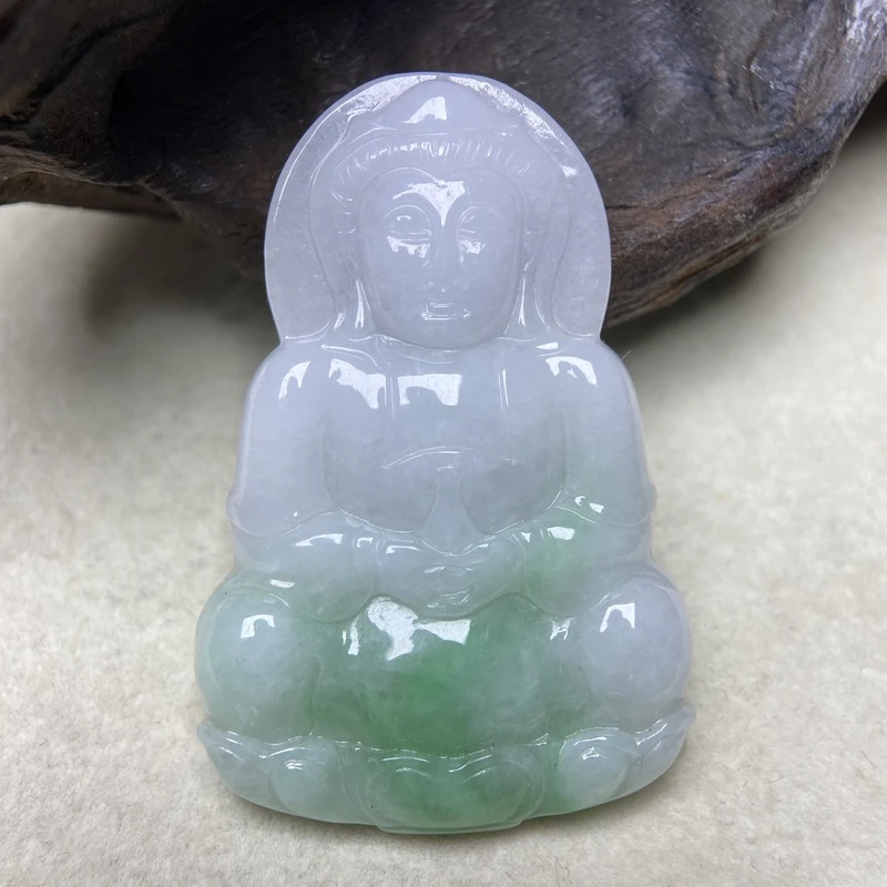 正品天然缅甸A货翡翠观音菩萨吊坠白底青飘阳绿糯冰挂件