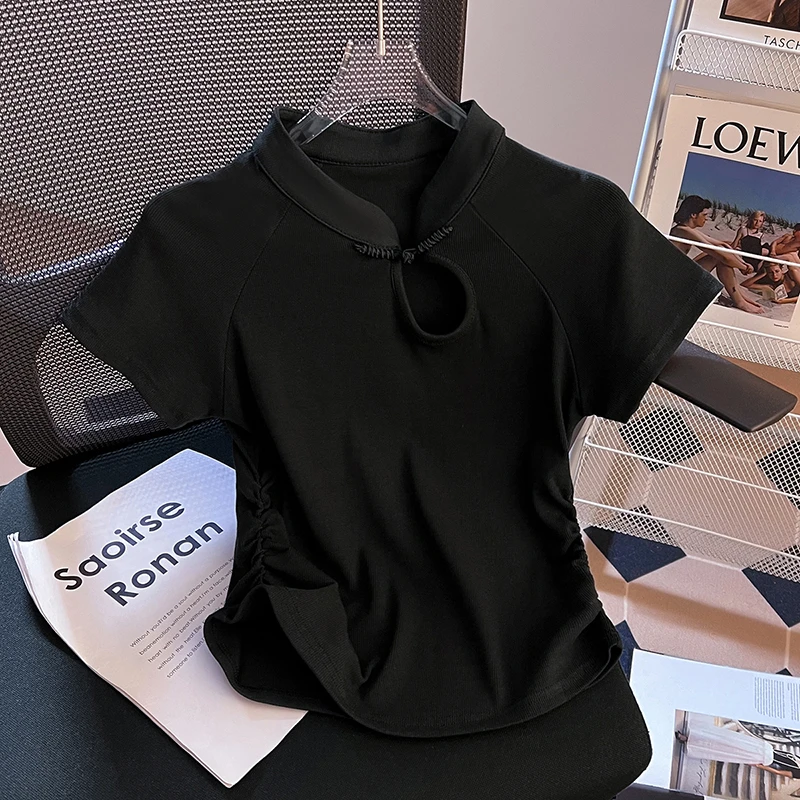黑色正肩短袖t恤女夏季设计感小众改良旗袍中式国风上衣盘扣立领