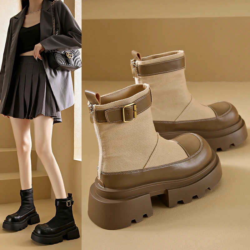 【瘦瘦靴】帆布短靴子厚底拉链马丁靴单靴子女鞋圆头切尔西靴时尚潮