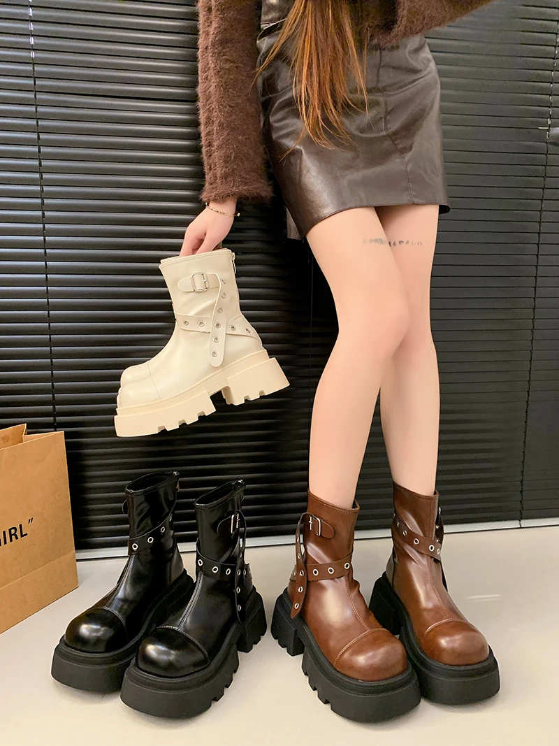 秋季薄款马丁靴女短靴女2024新款机车风百搭小个子厚底炸街瘦瘦靴