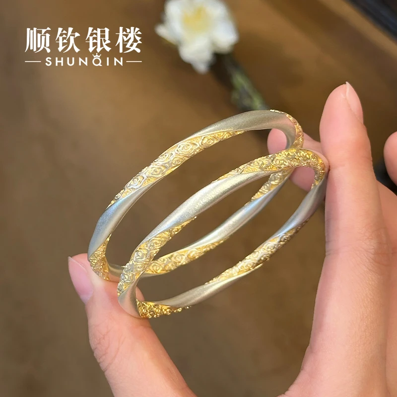 顺钦银楼 足银手镯 【锦瑟手镯】足银999.9新中式国风手工描金手镯