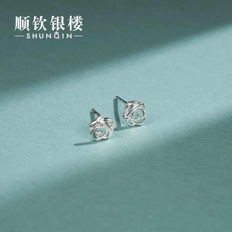 顺钦银楼 足银耳饰 足银999玫瑰耳钉气质简约耳钉银女款