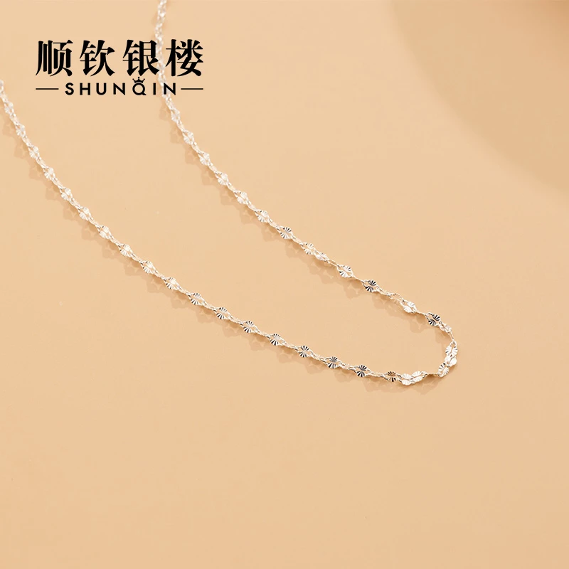 顺钦银楼 链子足银 9999足银雪花银锁骨链女款高级感银锁骨链手工
