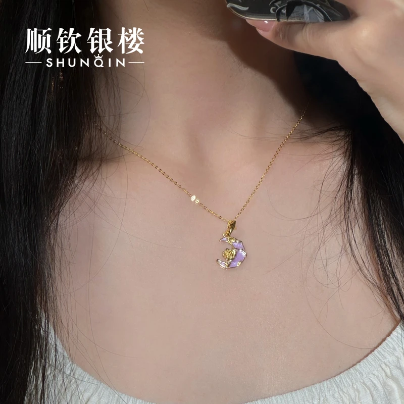 顺钦银楼 坠链均925银 【衔月项链】S925银月亮银项链气质轻奢时尚