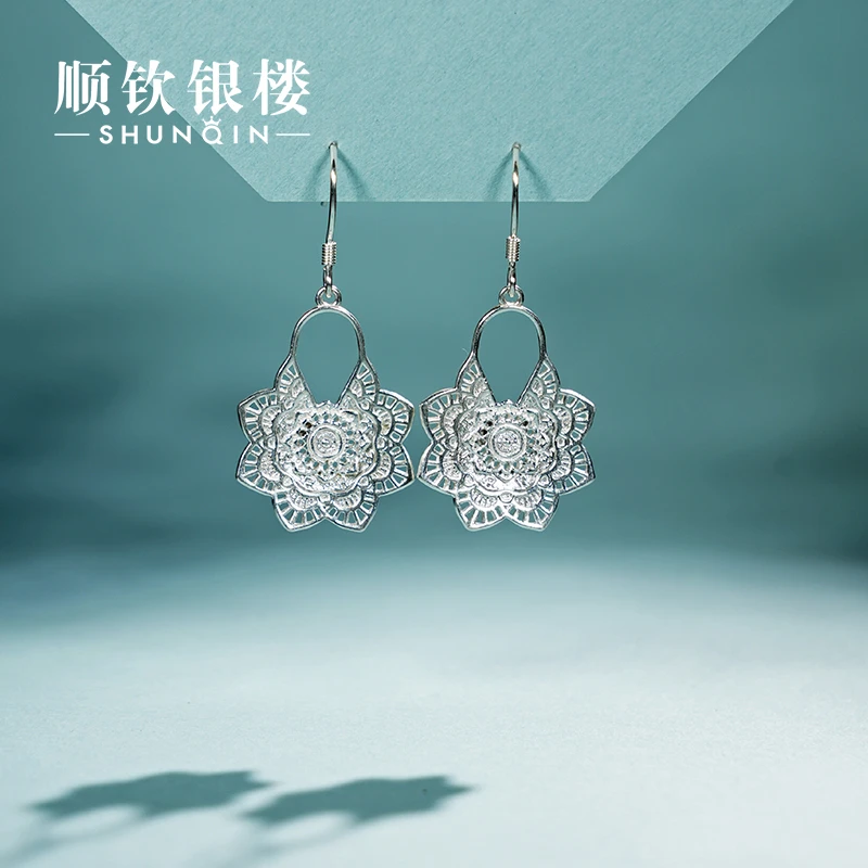 顺钦银楼 足银耳饰 足银999繁花耳坠简约百搭气质长款个性银耳饰