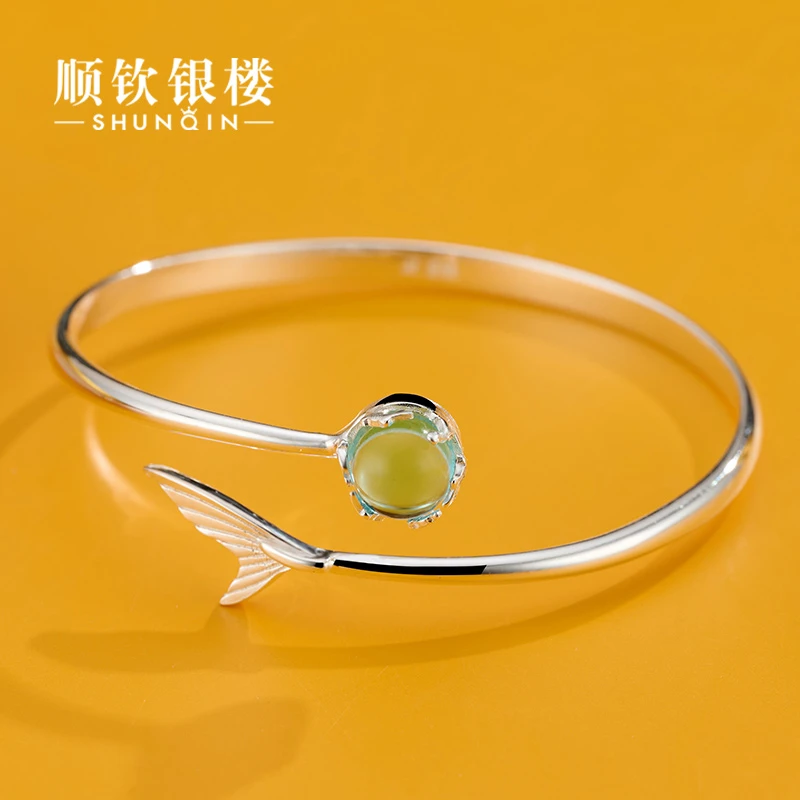 顺钦银楼 足银合成锆石手镯 9999纯银手镯女人鱼眼泪镶嵌纯手工