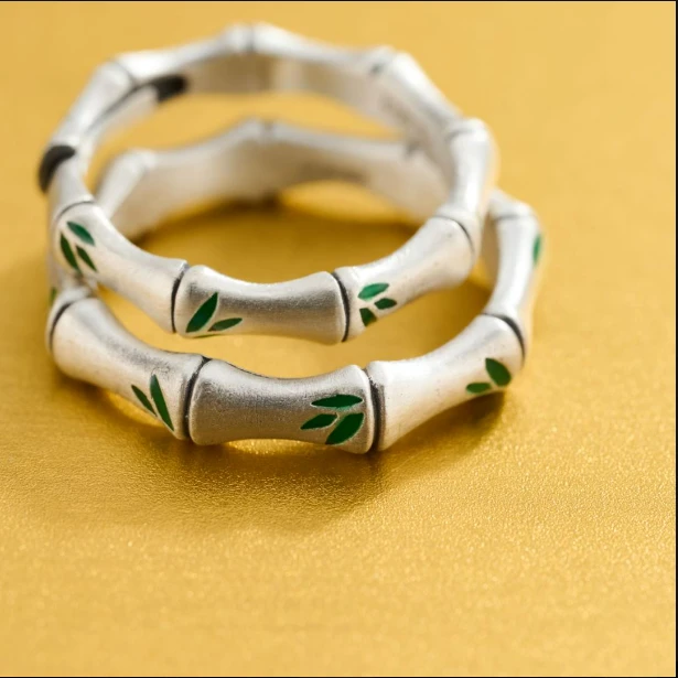 顺钦银楼 足银戒指 9999纯银绿竹节戒指小众银饰 古法情侣银戒指