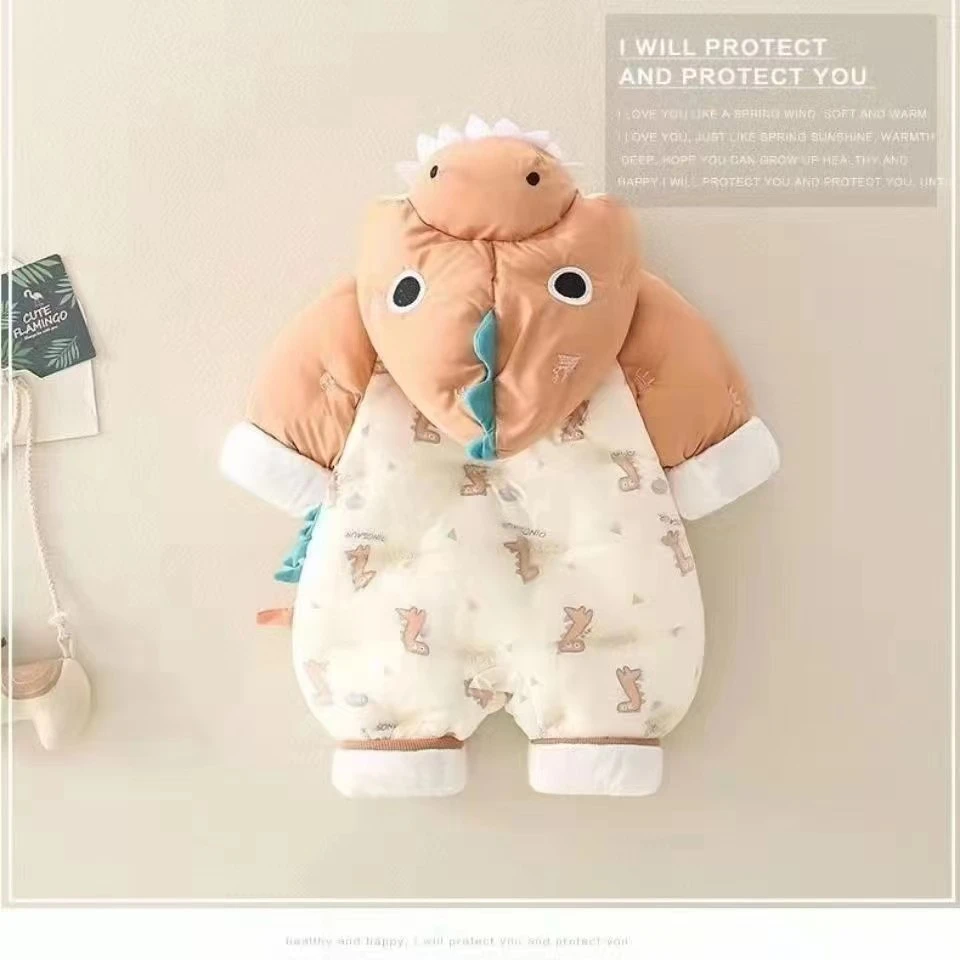 冬季冬宝宝连帽加绒婴儿连体衣可爱卡通加厚小恐龙外出服婴儿爬服