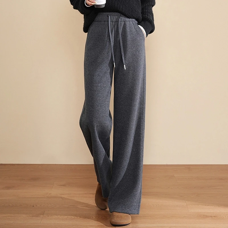 正品高端羊毛呢阔腿裤女秋冬2024新款时尚高腰垂感宽松直筒休闲裤