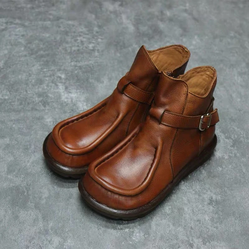 668-38牛皮大头圆头平底休闲软底女短靴