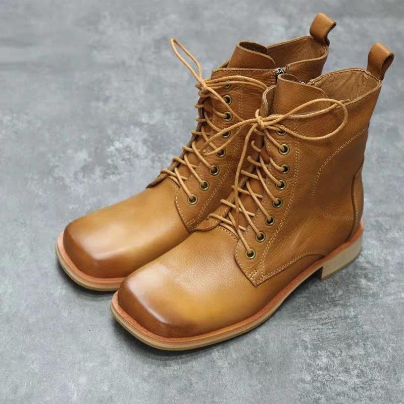 23082-3牛皮方头侧拉链休闲低跟方跟女短靴马丁靴