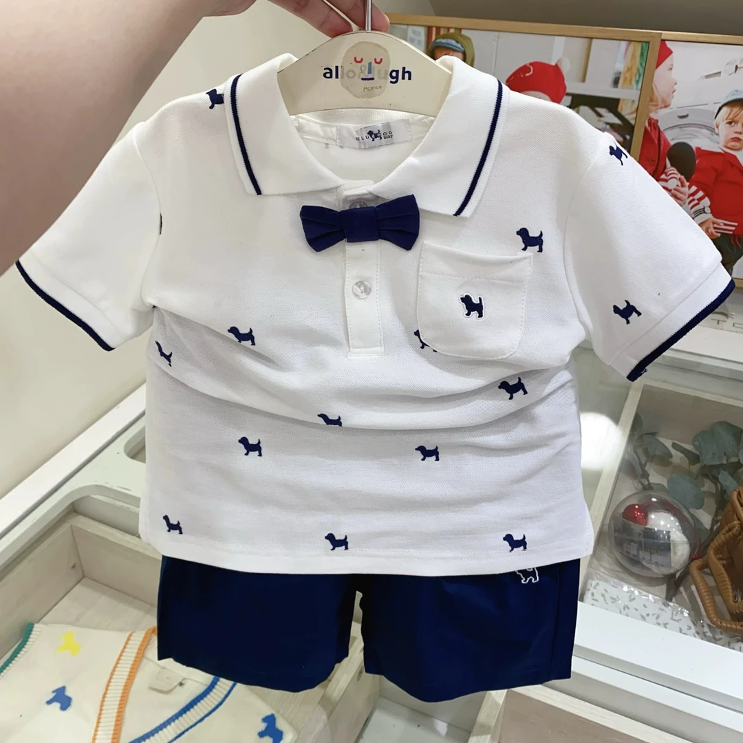 宝贝款：满印小狗领结翻领短袖短裤套装