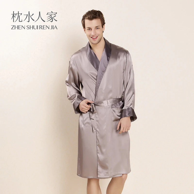 枕水人家100%真丝睡袍男士浴袍睡衣家居服男士桑蚕丝绸系带尊贵族