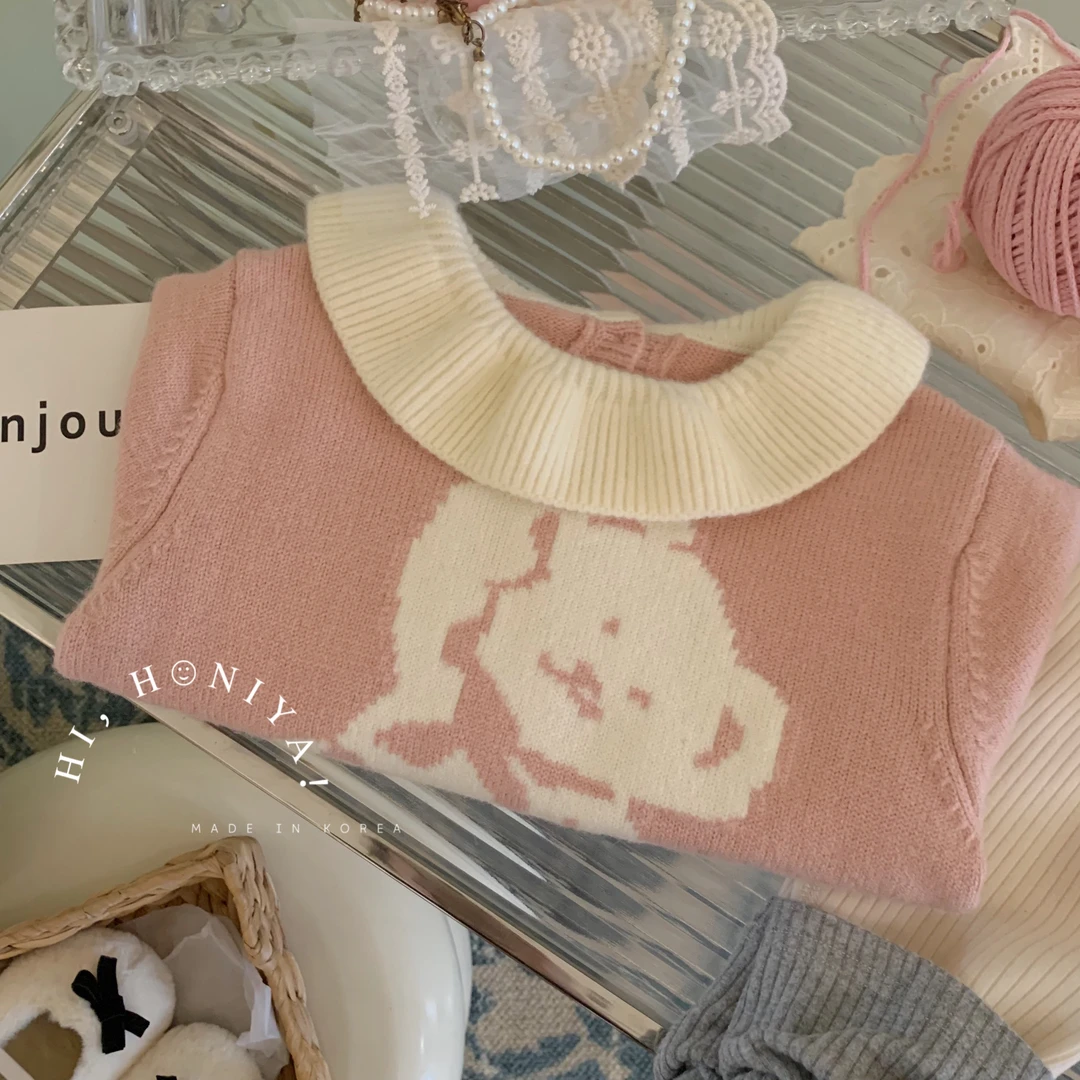 xian【小乖甜】Hihoniya~2023秋冬粉色小熊撞色翻领毛衣韩版