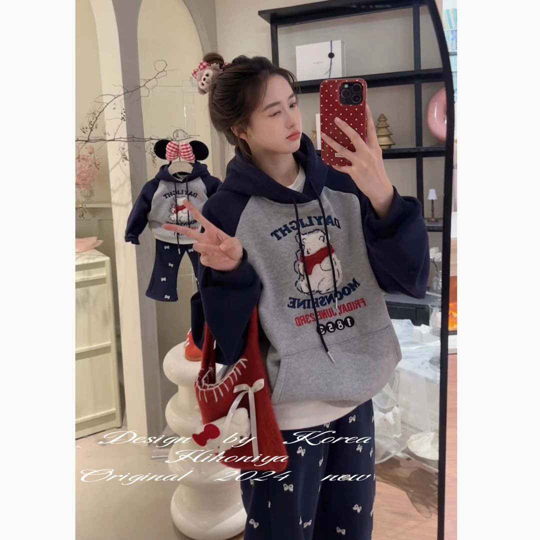 【贴布小熊】五Hihoniya~2024秋冬亲子韩版宽松小熊加绒连帽卫衣