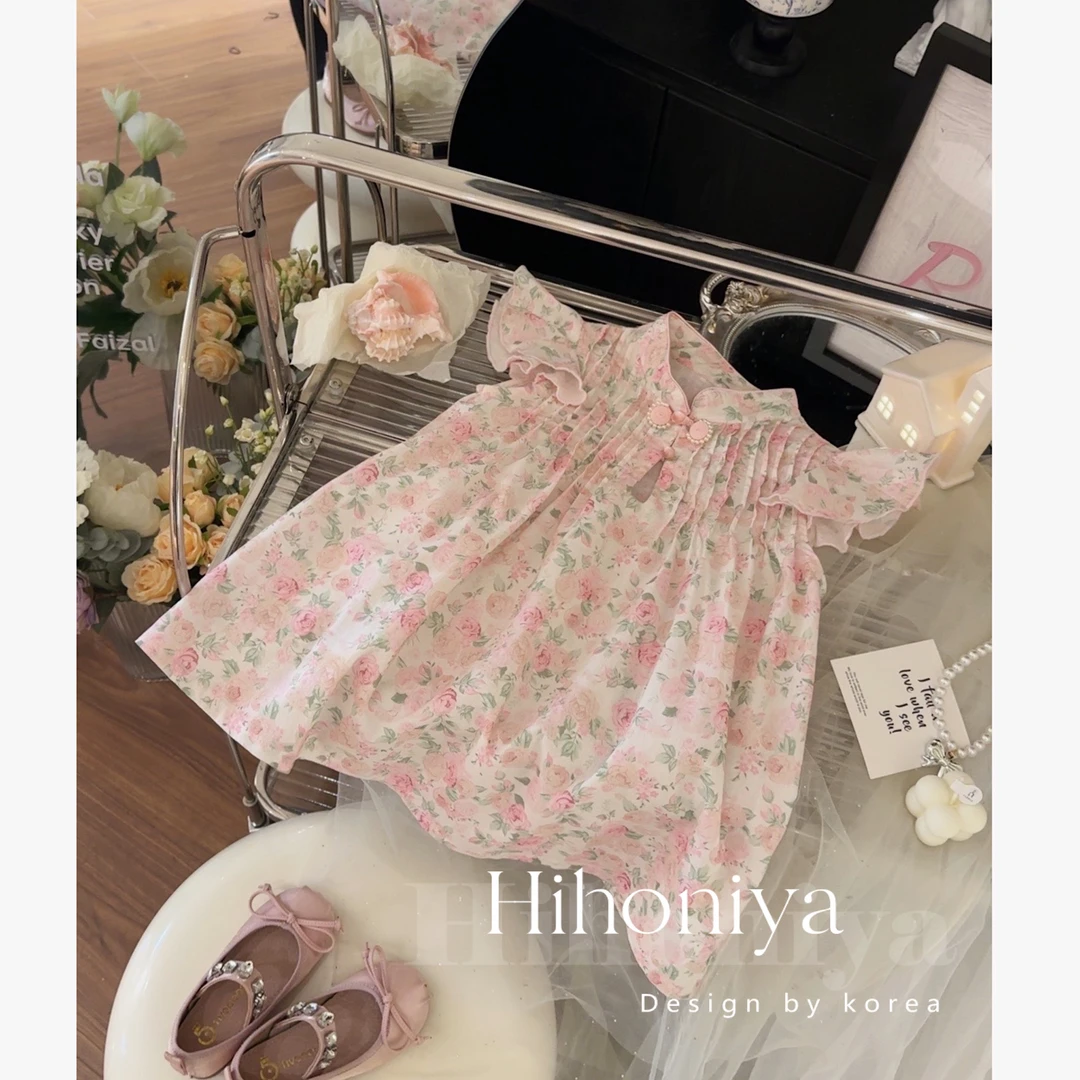 现【花开半夏】五Hihoniya~2024夏款碎花盘扣飞袖儿童韩版连衣裙