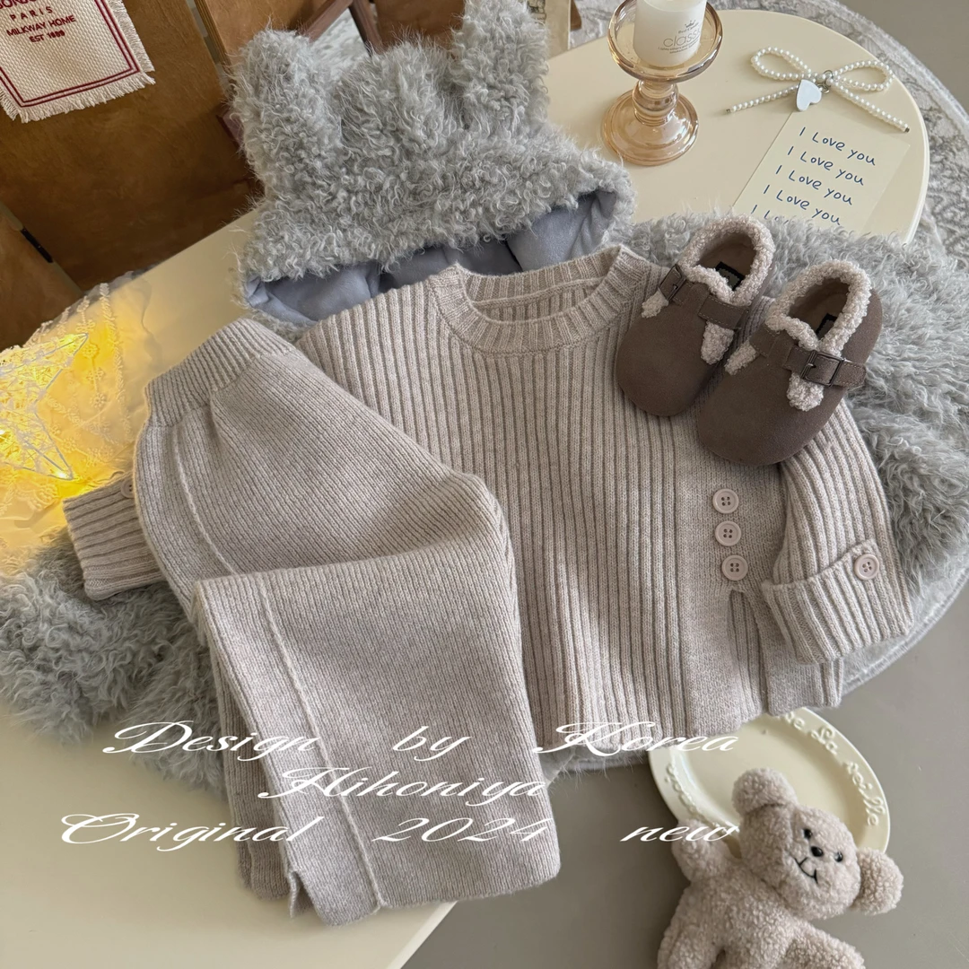 【月牙弯弯】五Hihoniya~2024冬季新款宝宝款纯色慵懒毛衣韩版套装