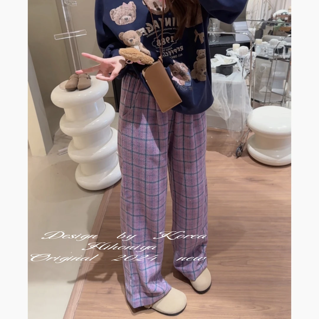 【紫色格子裤】五Hihoniya~2024秋季新款亲子紫色韩版阔腿格子裤