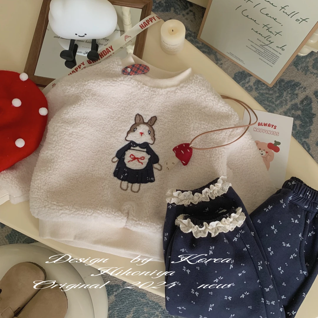 Q【白色梦屿】五Hihoniya~2024秋冬新款毛绒兔子韩版卡通套装