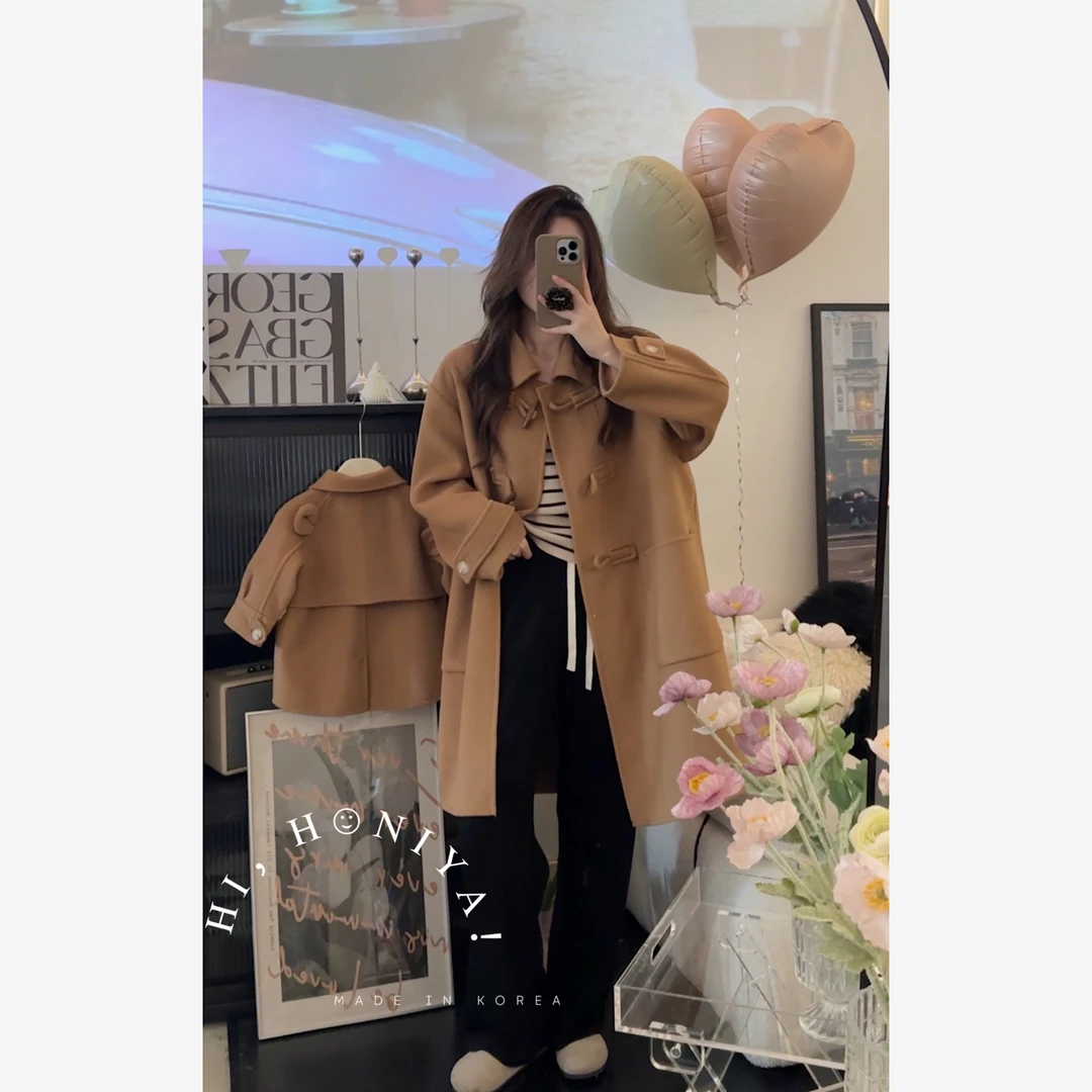 现【乌木拿铁】五Hihoniya~2023秋冬牛角扣棕色亲子大衣外套