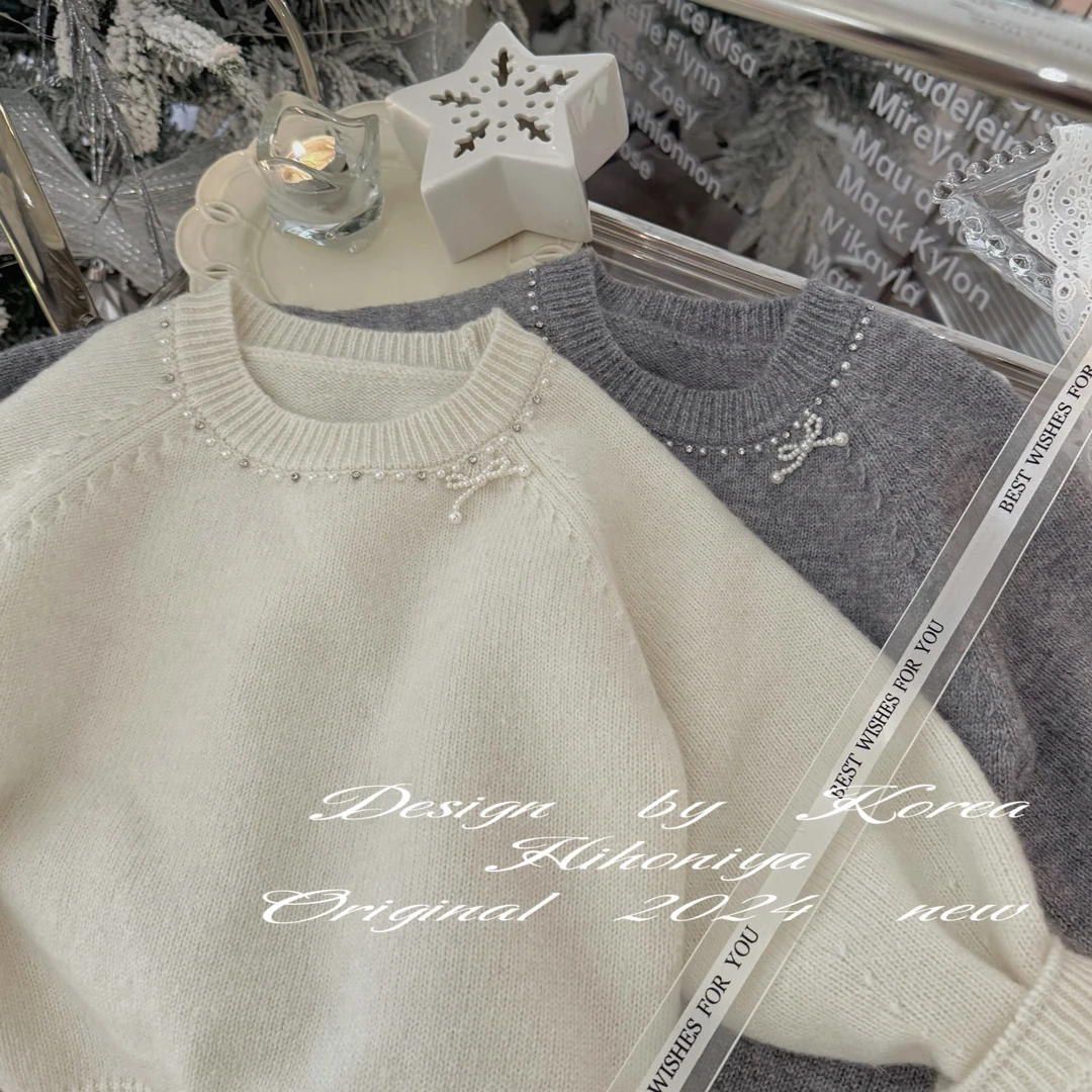 【月光钉珠】五Hihoniya~2024冬季亲子领口钉珠纯色韩版重工毛衣