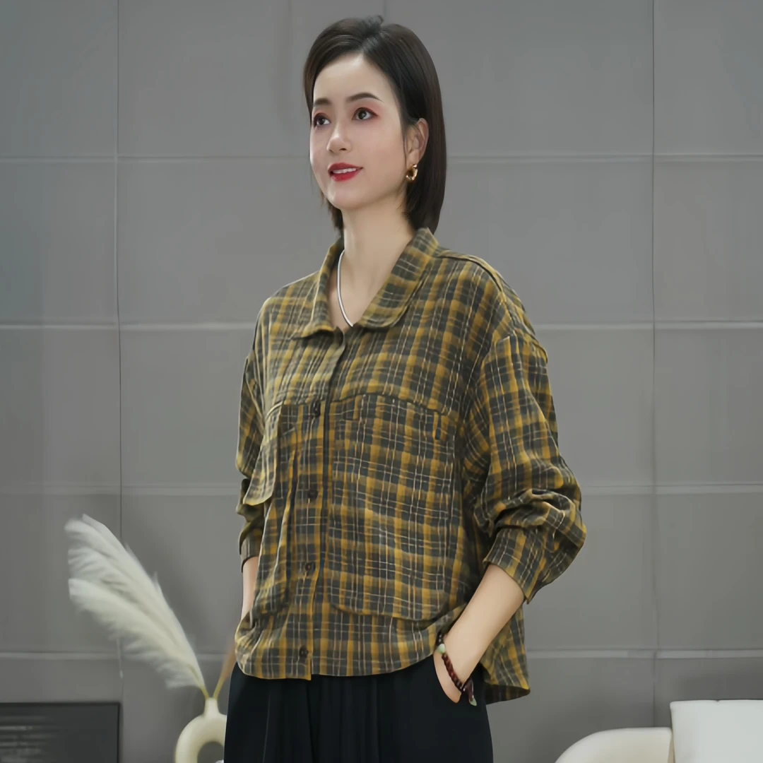 544新款春秋女士休闲格子外套大码宽松显瘦时尚气质百搭上衣