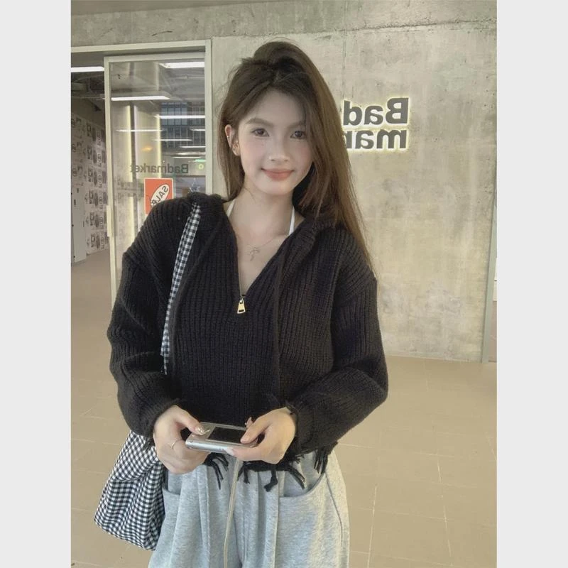 秋季韩风女辣妹设计感破边流苏毛衣宽松连帽拉链套头短款针织上衣