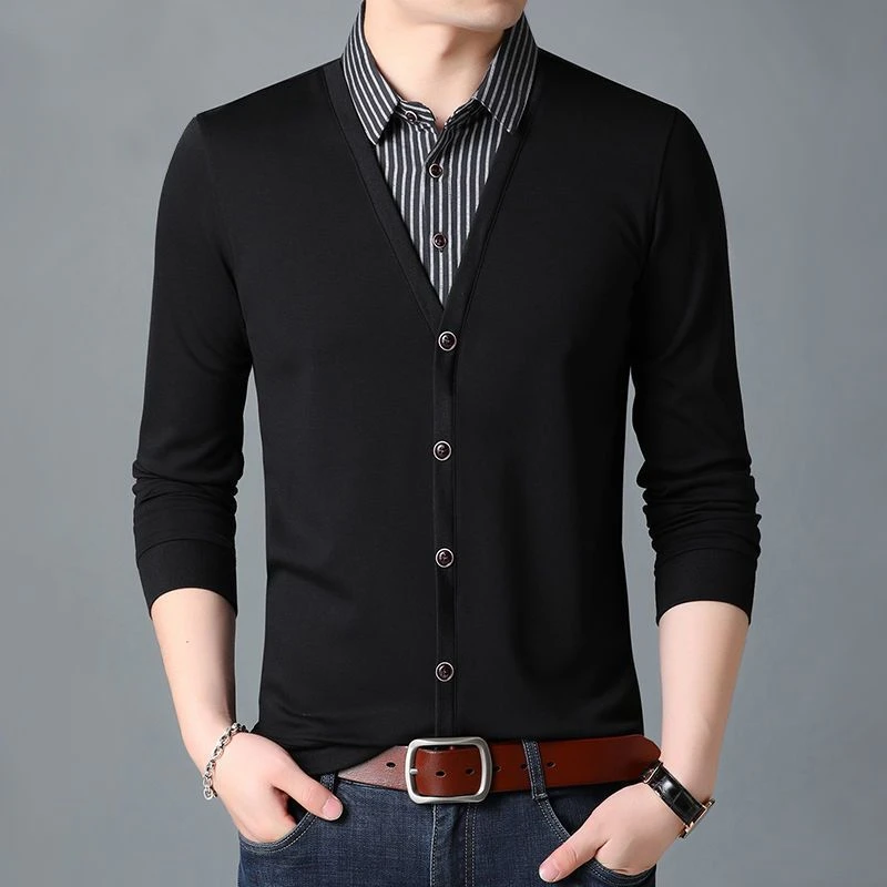 BOTY假两件T恤男长袖加大码棉商务休闲衬衫领中青年春秋装薄款翻