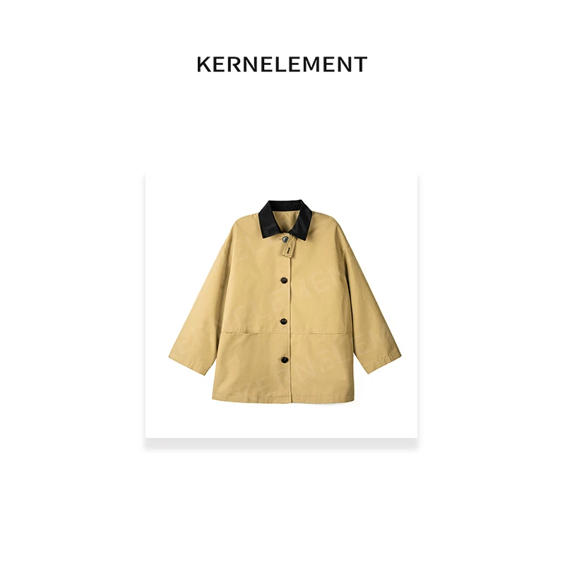 KE【夏洛特风衣】卡其色领口撞色立体剪裁高级感风衣外套QW063