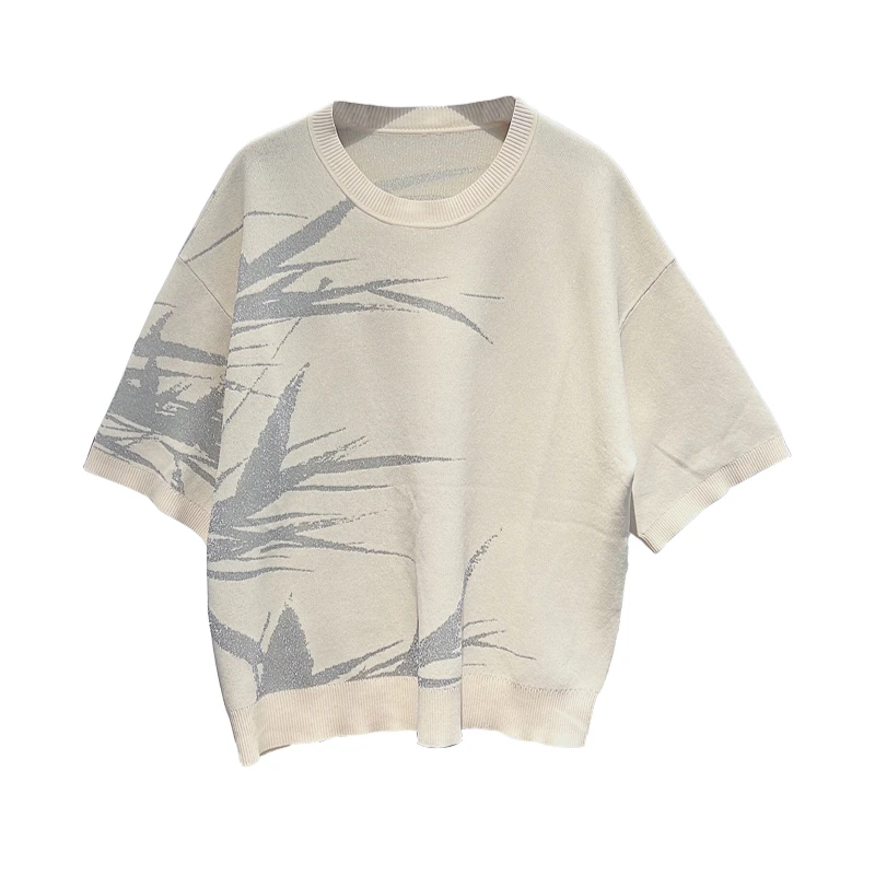 荔肉色竹叶提花短T